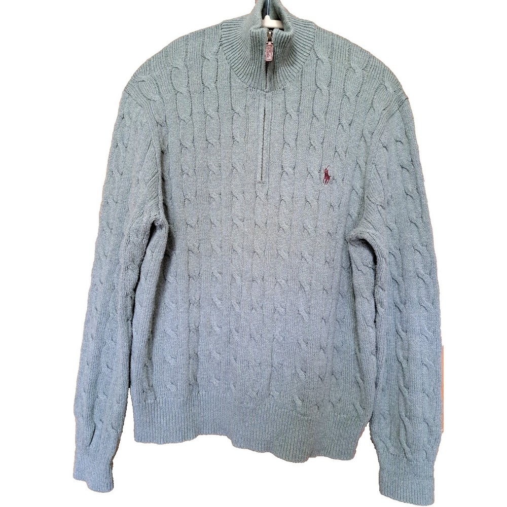 Polo Ralph Lauren Men Green Cotton Cable 1/3 Zip Long Sleeve Sweater Pullover‎ L